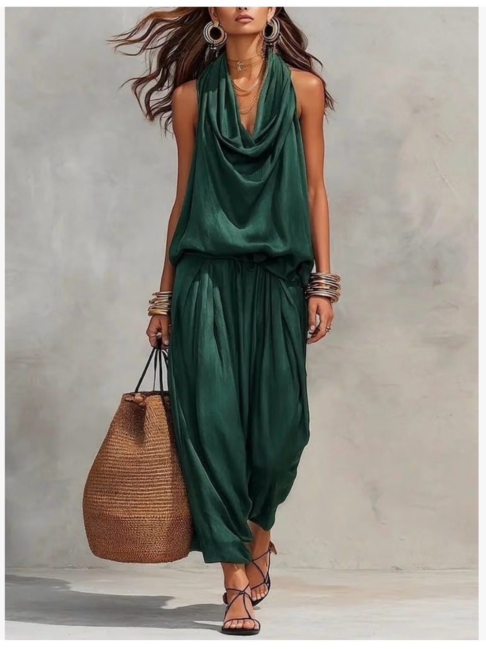 Wide-Leg Draped Halter Two-Piece Jumpsuit in Forest Green